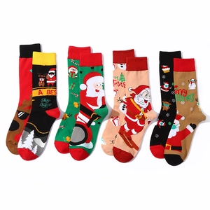 Christmas cotton crew socks featuring Santa and reindeer patterns in festive colors