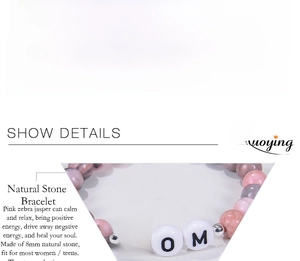 Detail of 8mm pink zebra jasper beaded bracelet with MOM charm and size specifications