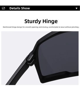 Detail view of reinforced metal hinges on black frame sports sunglasses for durability