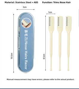 Detailed view of three nose hair razors with stainless steel blades and a blue storage case