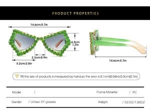 Detailed size chart for oversized butterfly sunglasses with green rhinestones and PC frame