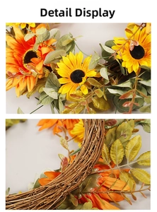 Detailed view of artificial sunflower wreath with autumn leaves and natural vine base