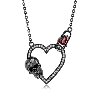 Gothic black S925 silver necklace with skull heart pendant and red gemstone