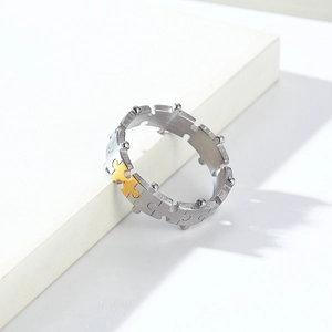 Minimalist puzzle couple ring in brushed silver and gold finish stainless steel