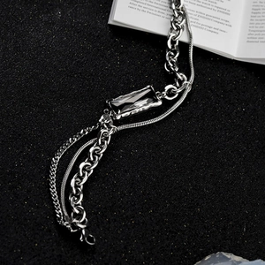 Polished silver titanium steel double-layer Cuban and snake chain bracelet with dark gem