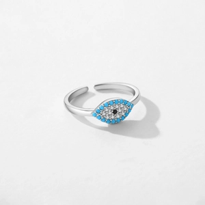 Retro S925 sterling silver evil eye ring with blue stones and sparkling crystals