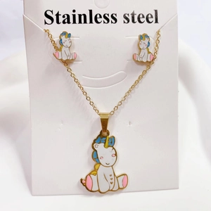 Cute cartoon unicorn necklace and stud earrings jewelry set in durable stainless steel
