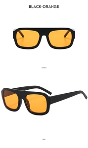 Front and side views of stylish square black frames with orange lenses sunglasses