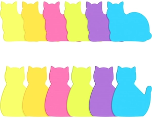 Vibrant cat-shaped sticky notes and index tabs in six bright neon colors for office use