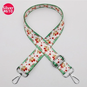 Adjustable wide shoulder strap with Christmas bells and stars on white polyester ribbon