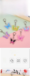 Gros plan détaillé de porte-clés papillon en acrylique coloré avec fermoirs en métal