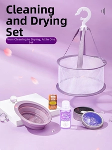 Purple makeup brush drying net set with silicone cleaning bowl and liquid cleanser kit