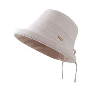 Elegant beige cotton linen bucket hat with leather handmade label and adjustable drawstring