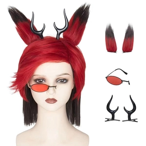 Cosplay set detail with red-black gradient wig, horn clips, beast ears and monocle