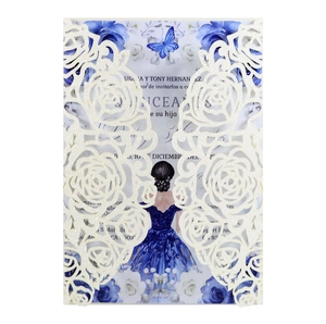 Laser cut rose hollow invitation with glitter finish and blue girl illustration card