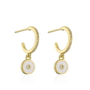 18K gold plated copper huggie hoop earrings with white enamel eye pendant and zircons