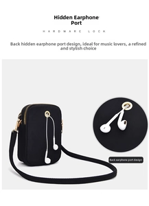 Detail of black nylon phone bag showing the hidden headphone jack with golden hardware