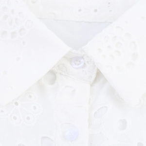 Short sleeve white shirt dress with lapel collar and delicate floral cutout embroidery
