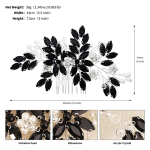 Detailed view of black rhinestone hair comb with measurements 14cm width and 7.5cm height