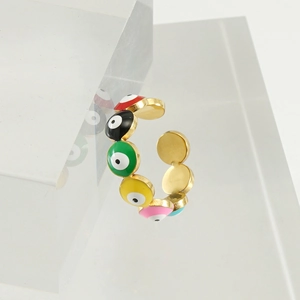Evil eye stainless steel ring in 18k gold finish with colorful enamel eye patterns