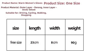 Tableau des tailles détaillé montrant dimensions et matériaux des gants thermiques femme