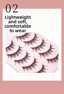 Close-up of five pairs of natural long black false eyelashes on a pink tray