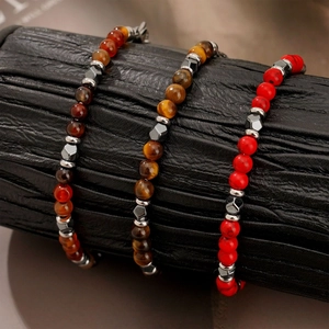 Natural Stone Beaded Bracelet Tiger Eye Agate Hematite Stainless Steel Clasp Adjustable Bohemian Fashion Jewelry