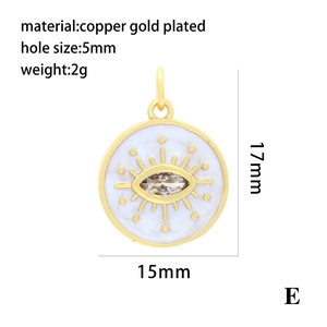 Detail of 17mm gold plated heart eye pendant with white enamel and 5mm hole size