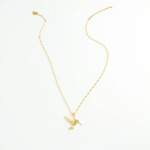 Golden hummingbird pendant necklace with colorful cubic zirconia stones and cross chain