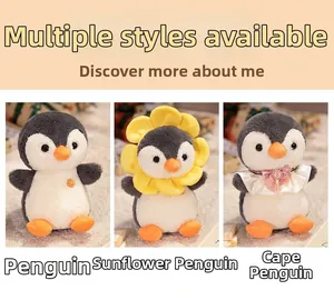 Detailed views of creative sunflower penguin plush dolls in three cute accessory styles