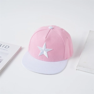 Pink and white flat brim baseball cap for kids with white star embroidery on the front