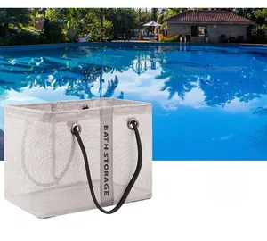 Close-up of white mesh bath storage bag with rope handle for swimming and travel
