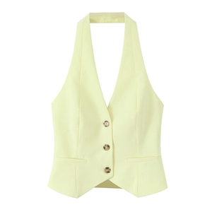 Women's pale yellow halter vest and wide-leg trousers set with button detail