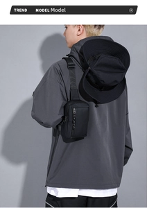 Rear view of a black minimalist sling bag with adjustable strap worn on the back