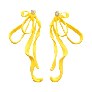 Fashionable gold bow earrings with clear rhinestones and elegant pleated tassel design