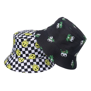 Polyester Bucket Hat Sun Protection Outdoor Summer Streetwear Checkerboard Melting Happy Face Cartoon Frog For Men Women