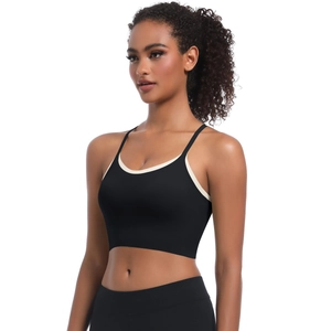 Detail of cross strap back sports bra with dual-color piping and seamless finish