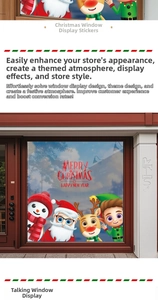 Detail of Christmas window stickers featuring Santa, reindeer, and snowman motifs