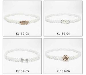 Detailed comparison of four pearl elastic belts with rhinestone heart and bow buckles