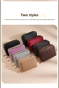 Close-up of dual zipper accordion card holders in glitter and lychee leather finishes