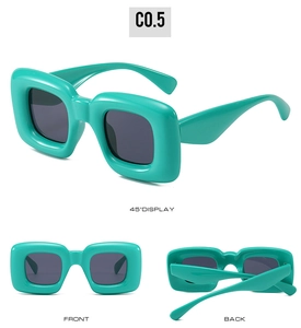 Three-view display of turquoise Y2K square sunglasses with thick frames and dark lenses
