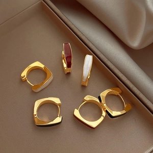 Geometric Square Enamel Hoop Earrings Gold Plated Copper Huggie Minimalist French Retro Jewelry Women