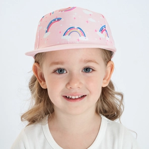 Close-up of kids pink flat brim baseball cap with rainbow and cloud cartoon prints