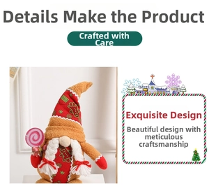 Detailed view of Christmas gnome plush with gingerbread hat and pink lollipop prop