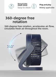 Detail of the 360-degree rotating blue desktop USB fan with a detachable mesh cover