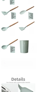 Detailed specs for mint green silicone kitchen utensils with wooden handles and storage bucket