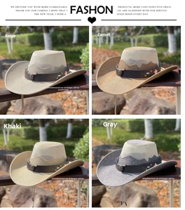 Detail of straw cowboy hats in beige, camel, khaki and grey with bull head ornaments