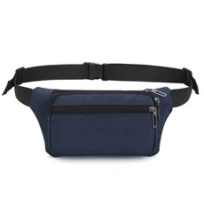 Detail view of navy blue 400D Oxford waterproof waist bag with metal zippers