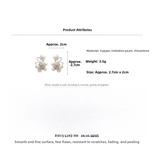 Détail du clip d'oreille fleur perle zircon montrant la taille et l'aiguille en argent