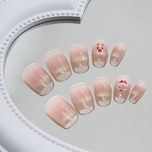 Christmas Cat Eye Press On Nails Reindeer Santa Pattern Nude Pink Gradient Glossy Fake Nails For Women Festive Nail Art